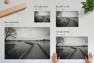 Decorative canvas print Black and white landscape wooden pier calm lake