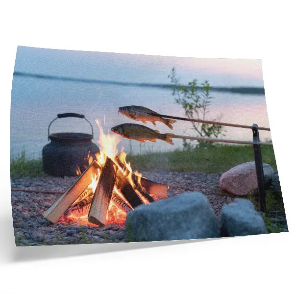 Decorative canvas print bonfire by the lake with roasted fish