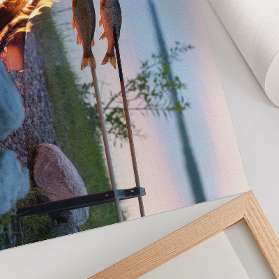 Decorative canvas print Bonfire by the lake, fish on sticks, naturally