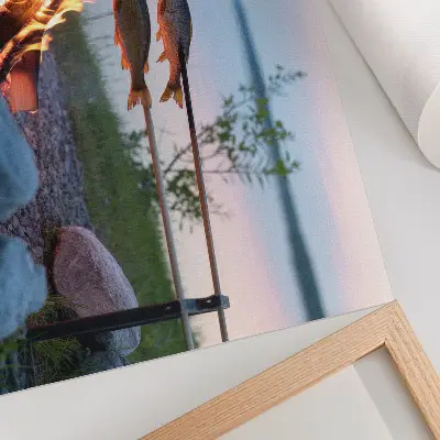 Decorative canvas print bonfire by the lake with roasted fish