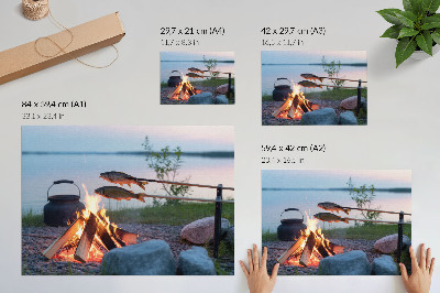 Decorative canvas print Bonfire by the lake, fish on sticks, naturally