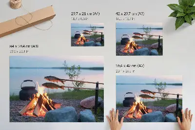Decorative canvas print bonfire by the lake with roasted fish