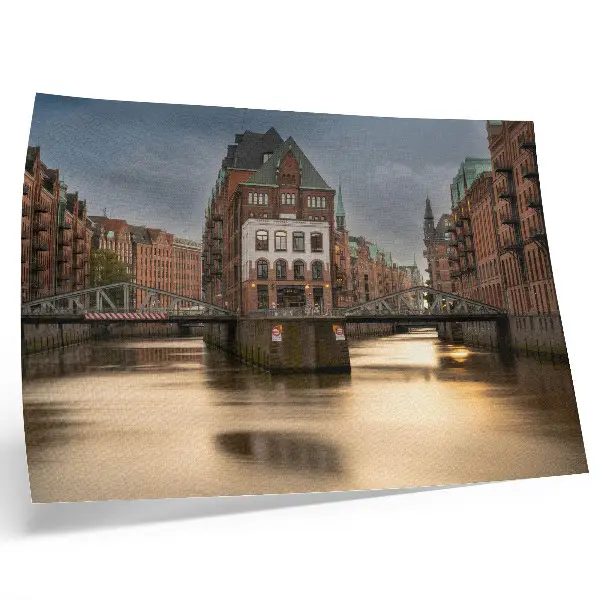 Poster atmospheric architecture of a bridge over calm water at evening