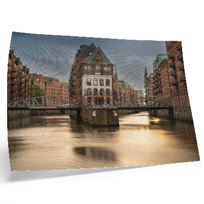 Poster Atmospheric architecture, bridge, evening, calm water