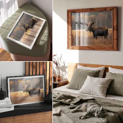 Decorative canvas print featuring a moose in an autumn landscape