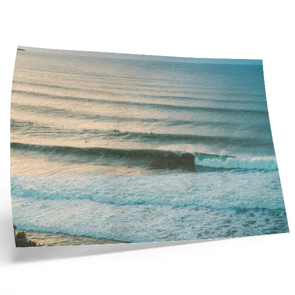 Poster ocean waves with a calm horizon and surfers