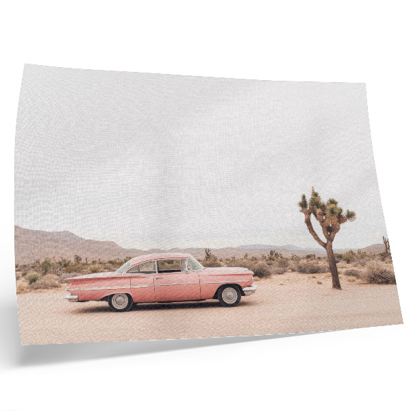 Decorative canvas print A retro car in the desert next to a lonely tree