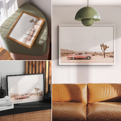 Decorative canvas print A retro car in the desert next to a lonely tree