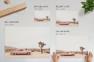 Decorative canvas print A retro car in the desert next to a lonely tree