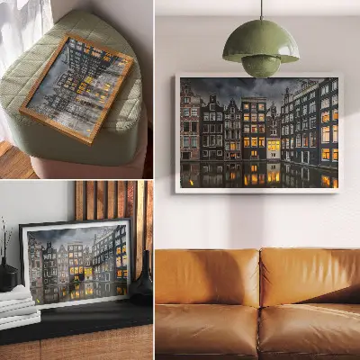 Photo canvas tenement houses by the canal with a cozy reflective atmosphere