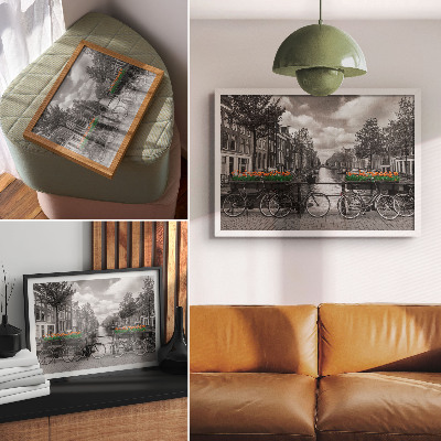 Decorative canvas print A charming view of the canal, bicycles, tulips, black and orange