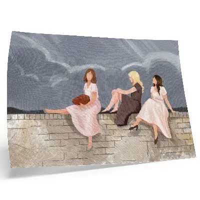 Photo canvas three women on a wall wearing bright dresses under a big sky