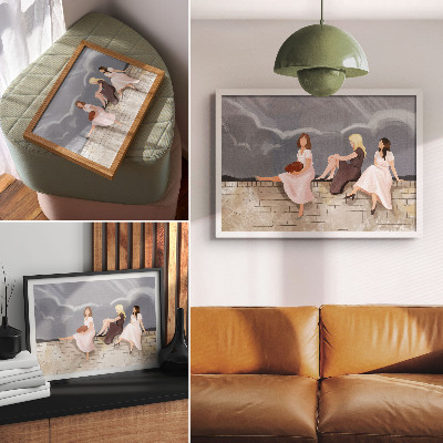 Photo canvas Three women on the wall, bright dresses, big sky
