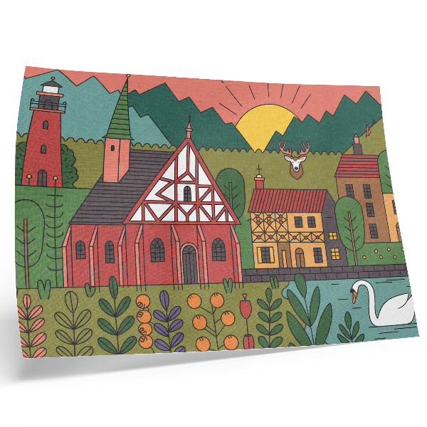 Decorative canvas print Colorful houses mountains deer swan green landscape