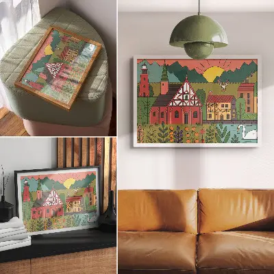 Decorative canvas print featuring a colorful landscape of houses, mountains, deer, and swans