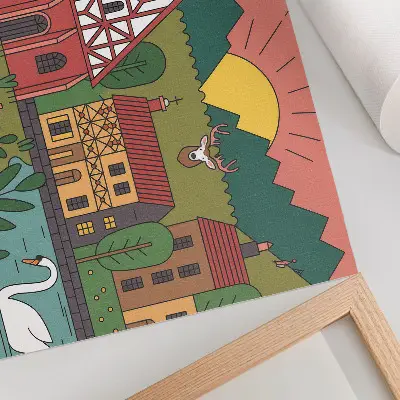 Decorative canvas print featuring a colorful landscape of houses, mountains, deer, and swans