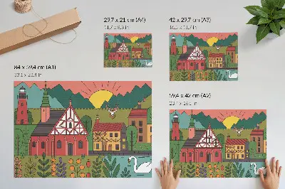 Decorative canvas print featuring a colorful landscape of houses, mountains, deer, and swans