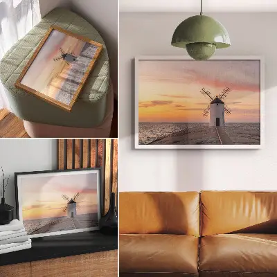 Poster windmill in sunset light with a pastel sea sky