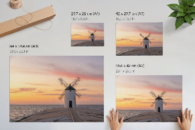 Poster Windmill in the sunset light, sea, pastel sky