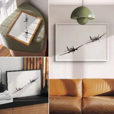 Decorative canvas print featuring black and white historical aircraft in flight