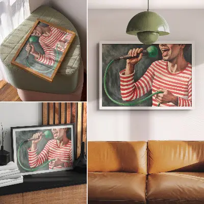 Photo canvas with red striped shirt and green microphone print