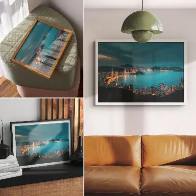 Decorative canvas print night city view over the water with luminous skyscrapers