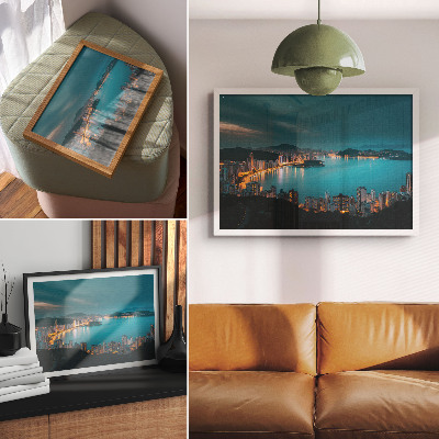 Decorative canvas print Night view of the city over the water, luminous skyscrapers