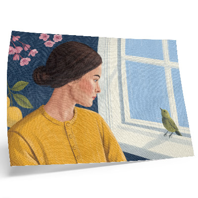 Poster Woman in a yellow shirt with a bird on the windowsill