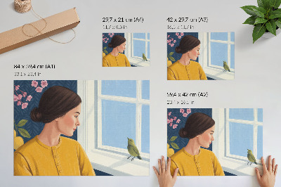 Poster Woman in a yellow shirt with a bird on the windowsill
