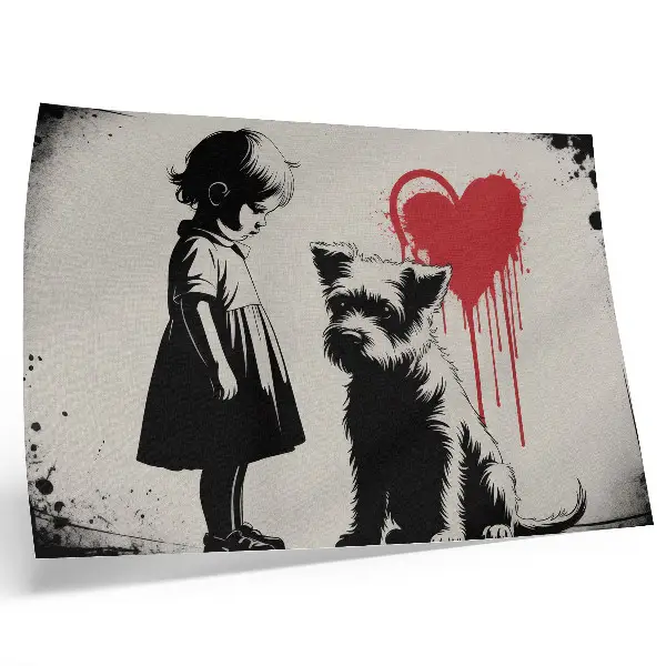 Decorative canvas print monochrome girl and dog with heart illustration