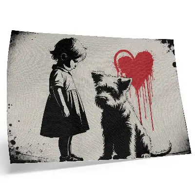 Decorative canvas print monochrome girl and dog with heart illustration
