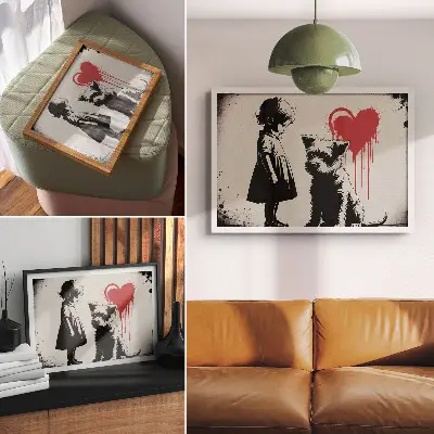 Decorative canvas print monochrome girl and dog with heart illustration