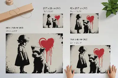 Decorative canvas print monochrome girl and dog with heart illustration