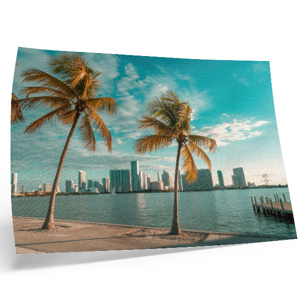 Photo canvas Palm trees, lake, skyscrapers, turquoise sky, calm
