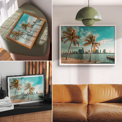 Photo canvas Palm trees, lake, skyscrapers, turquoise sky, calm