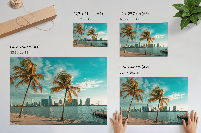 Photo canvas Palm trees, lake, skyscrapers, turquoise sky, calm