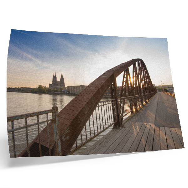 Poster metal bridge cathedral river peaceful sunset