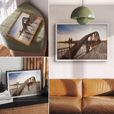 Poster metal bridge cathedral river peaceful sunset