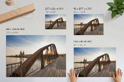 Poster metal bridge cathedral river peaceful sunset