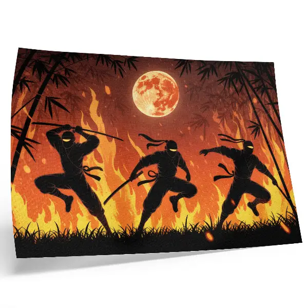 Photo canvas energetic night scene featuring ninjas and flames