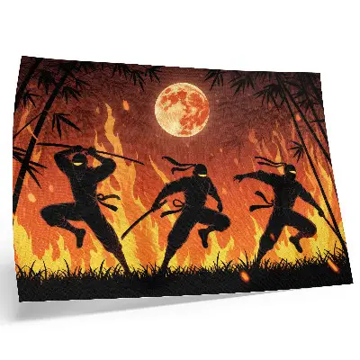 Photo canvas energetic night scene featuring ninjas and flames