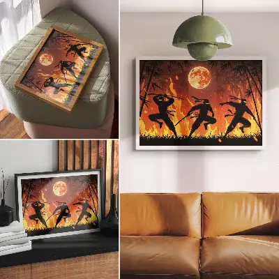Photo canvas energetic night scene featuring ninjas and flames