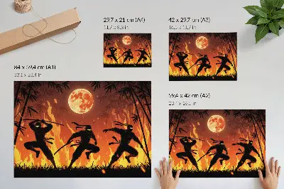 Photo canvas energetic night scene featuring ninjas and flames