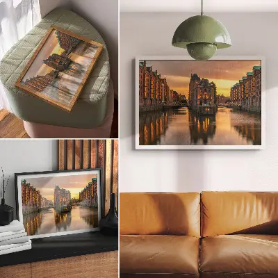 Decorative canvas print calm water, brick buildings, and warm light