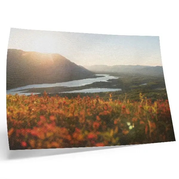 Poster featuring a peaceful sunset landscape with flowers, mountains, and a river