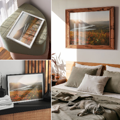 Poster Flowers, mountains, river, sunset, peaceful atmosphere