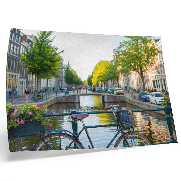 Photo canvas Canal, bridge, trees, buildings, bicycle, flowers