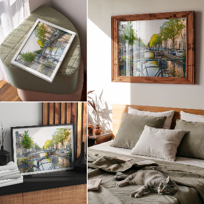 Photo canvas Canal, bridge, trees, buildings, bicycle, flowers