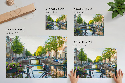 Photo canvas Canal, bridge, trees, buildings, bicycle, flowers