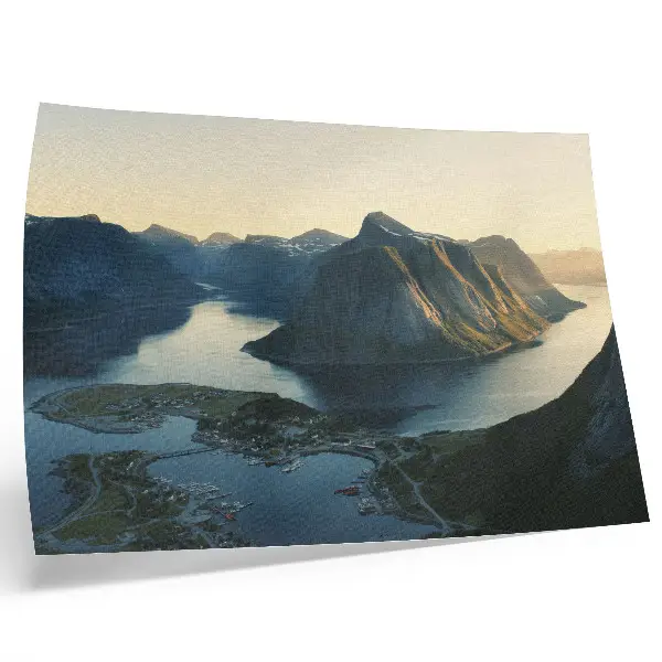 Decorative canvas print fjords, mountains, and water at sunset featuring a harmony of nature